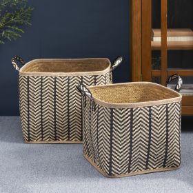 Isidore Square Palm Leaf Woven Wicker Storage Basket with Handles Set of 2 - 14" x 14" x 15" and 16" x 16" x 17" - Black and Brown - For Clothes, Book