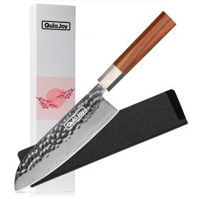 Qulajoy Nakiri Knife 7 Inch - Hammered Japanese Vegetable Knife 9cr18mov Mirror Polishing Hand Forged Blade Kitchen Knife - Olivewood Handle With Shea (Option: Santoku)