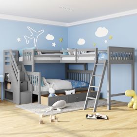 Twin over Full L-Shaped Bunk Bed With 3 Drawers, Ladder and Staircase (Color: Gray)