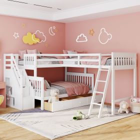 Twin over Full L-Shaped Bunk Bed With 3 Drawers, Ladder and Staircase (Color: White)
